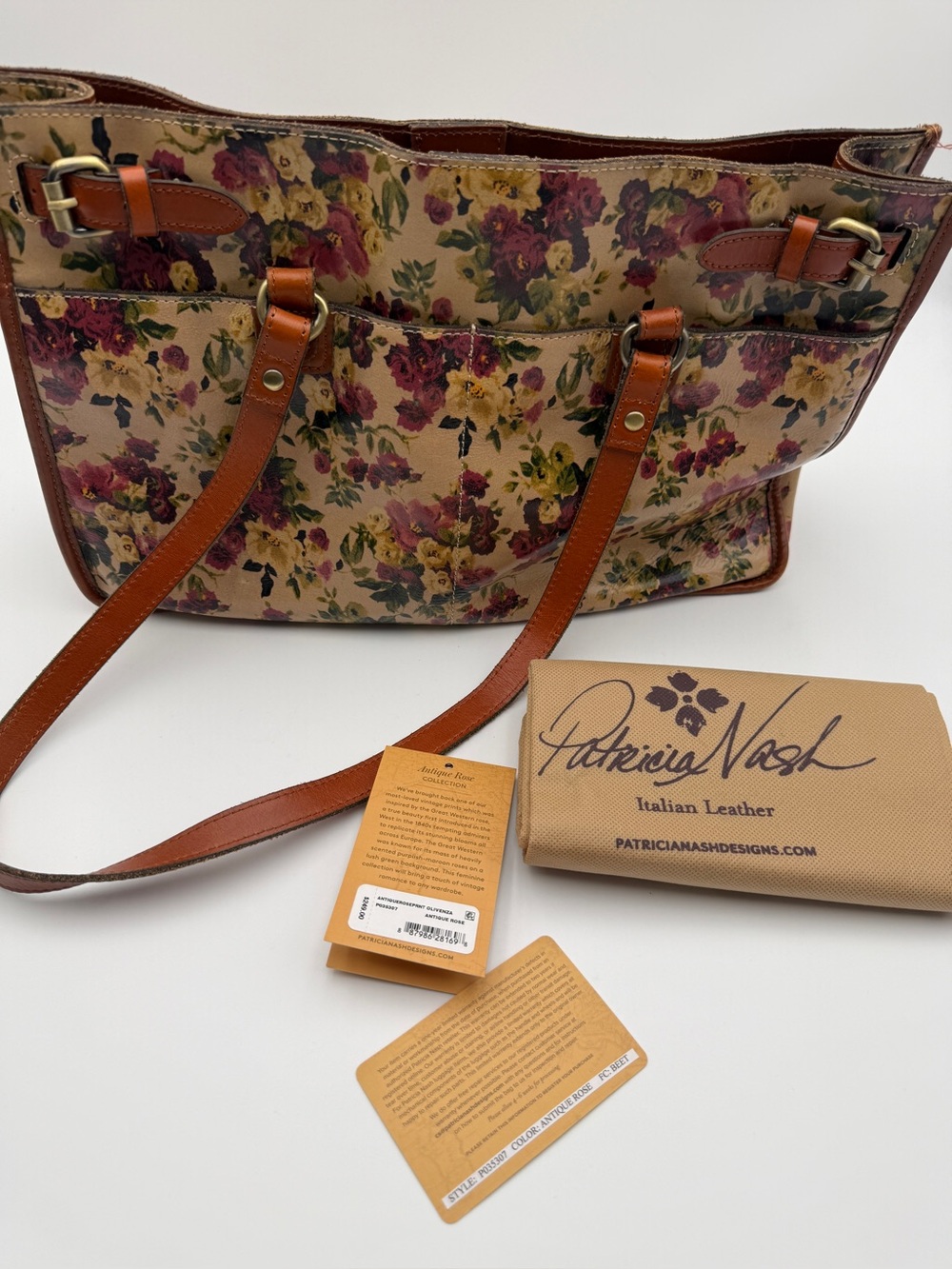 Patricia Nash Olivenza Antique Rose Floral Italian Leather Tote Mint $249